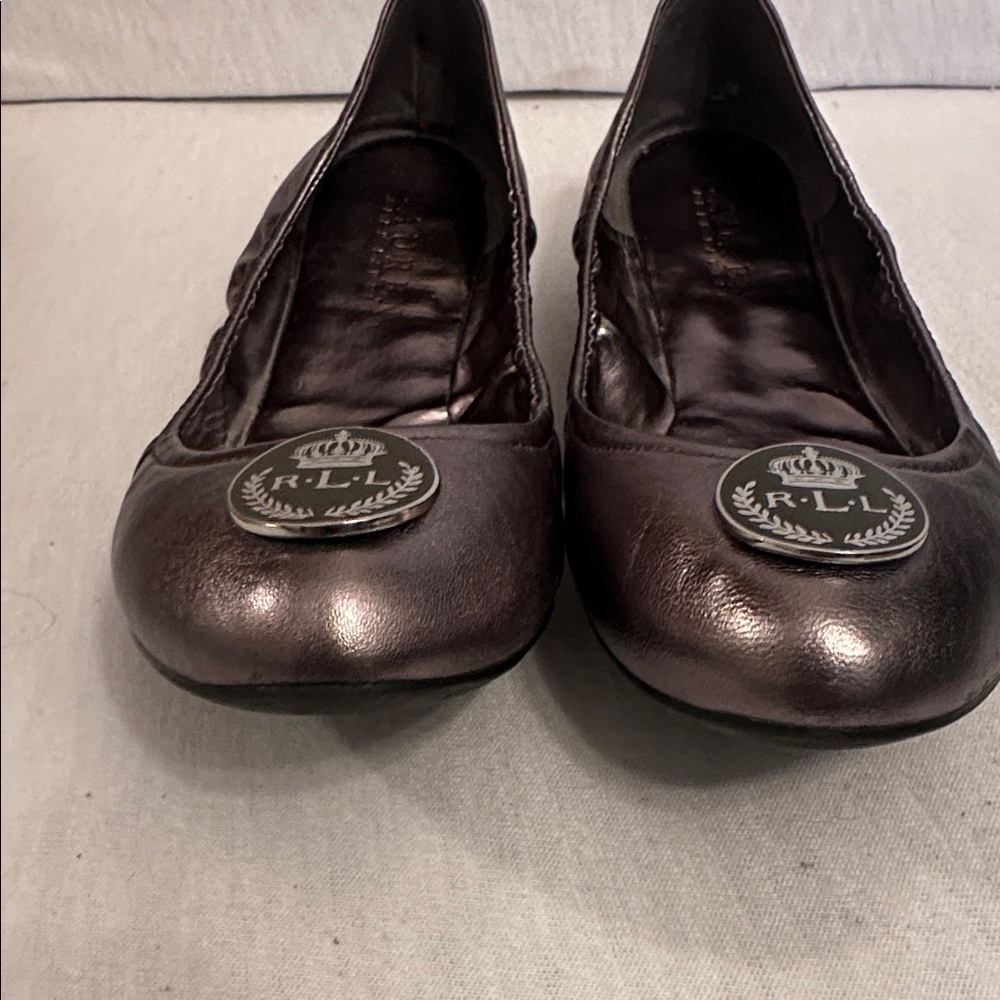 Lauren Ralph Lauren Shiny Pewter Metallic Ballet Flats with RL Logo Size 7.5 - Picture 13 of 14